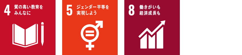 4.質の高い教育をみんなに、5.ジェンダー平等を実現しよう、8.働きがいも、経済成長も