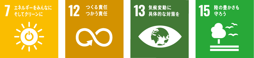 7.エネルギーをみんなに そしてクリーンに、12.つくる責任 つかう責任、13.気候変動に具体的な対策を、15.陸の豊かさも守ろう